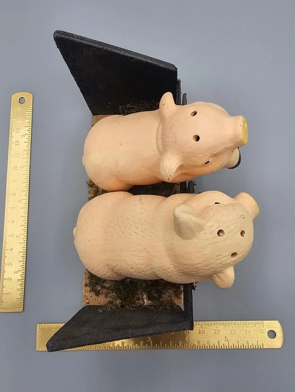 Vintage Ceramic Pig Salt and Pepper Shakers with Wooden Fence Holder